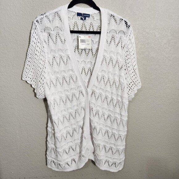 Basic Editions Cardigan Womens 1X White One Button Knit Short Sleeve Crochet - Picture 1 of 12